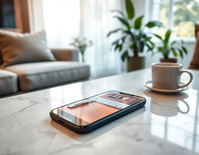 Smartphone showing DecorAI app with a beautiful room design on screen